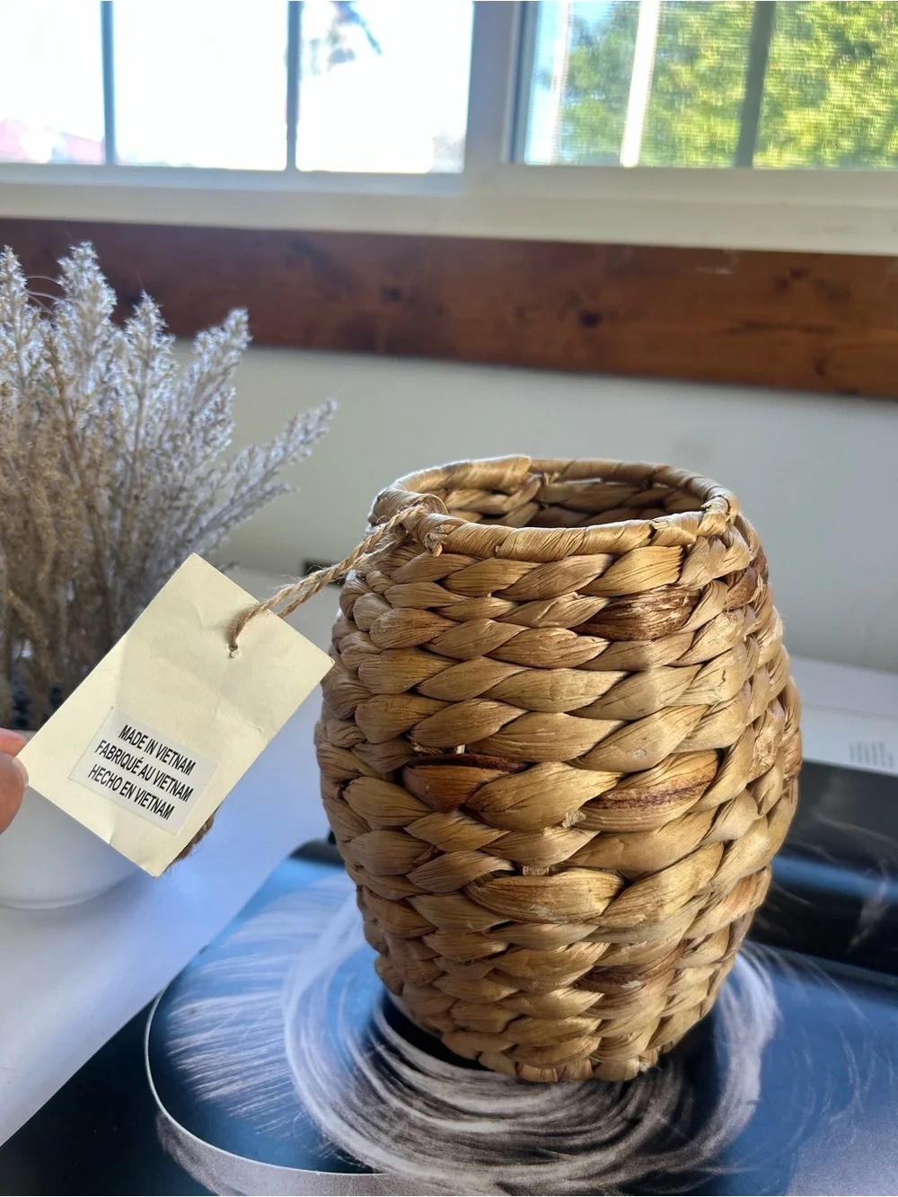 Natural Woven Accent Vase - Brown Small Rattan Vase for Flowers, Rustic Deco